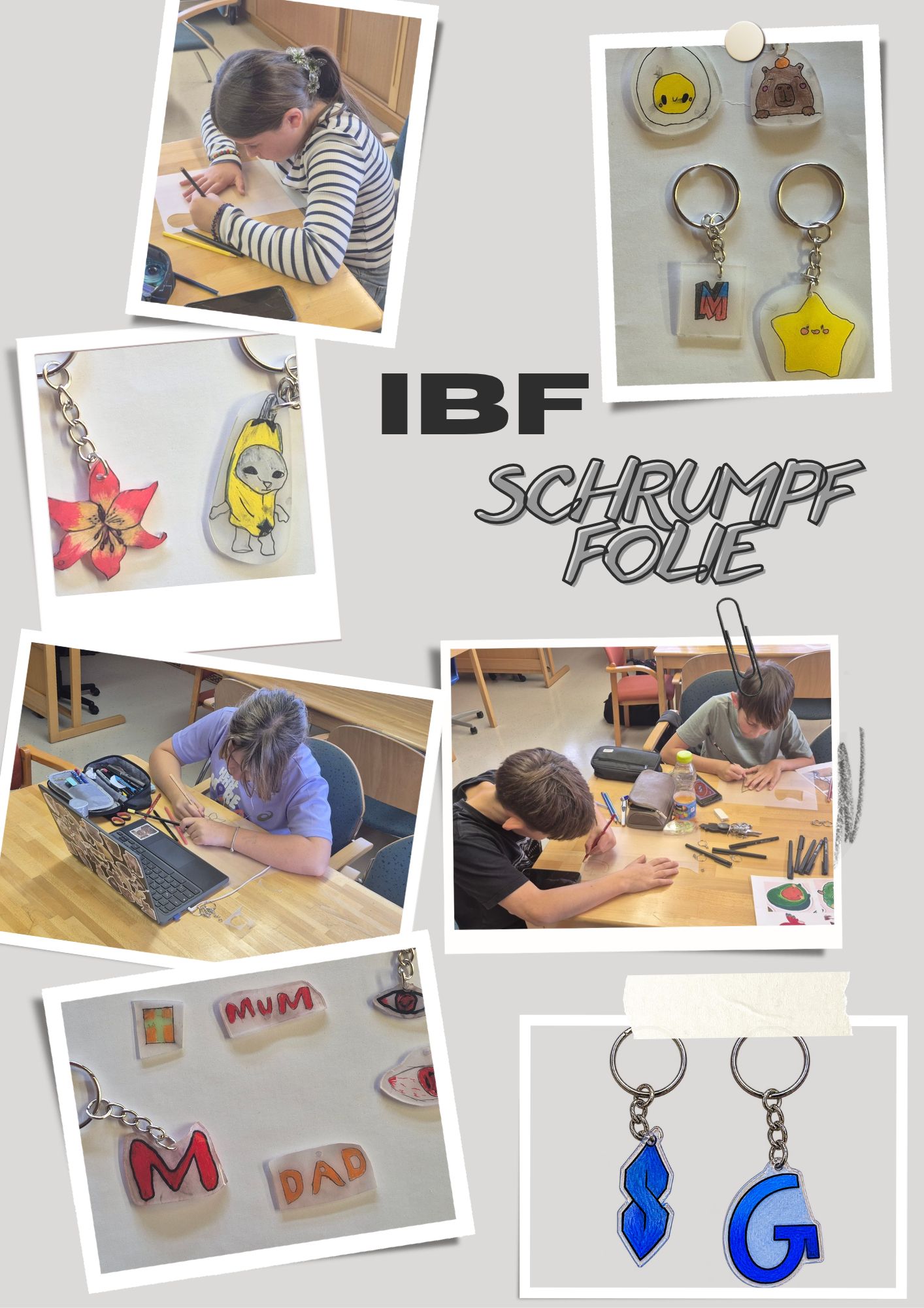 Collage mit selbst gestalteten Schlüsselanhängern aus Schrumpffolie